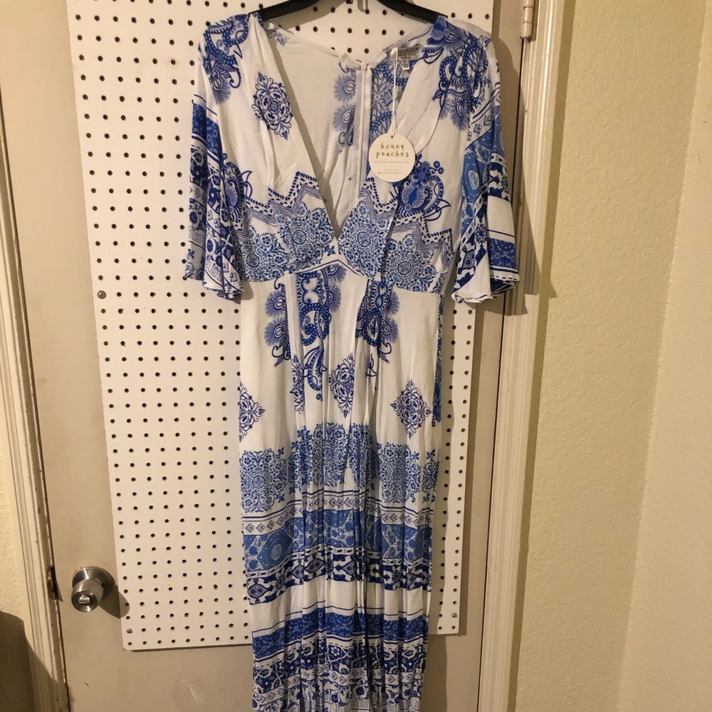 Blue and white maxi dress